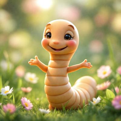 The primary subject of the image is a cartoon character, specifically a yellow and pink caterpillar, standing in a field of flowers. The setting is a lush green field with a variety of flowers, creating a vibrant and colorful backdrop. The visual style of the image is a combination of photo and digital art, giving it a unique and creative appearance. The dominant colors in the image are yellow, pink, and green, creating a cheerful and lively atmosphere.